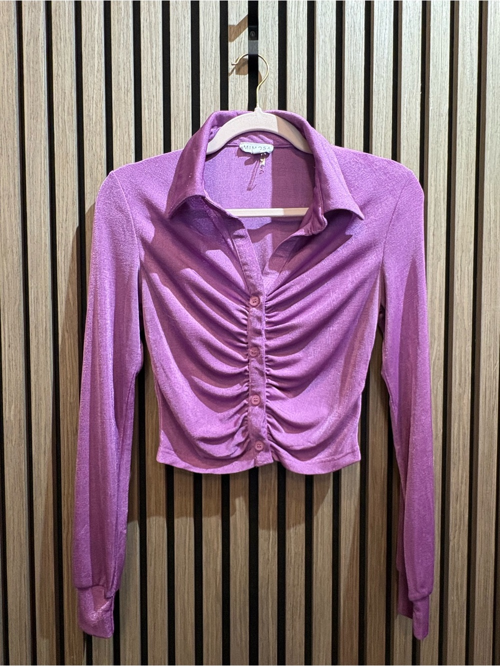 Ruched Pink Long-Sleeve Button Front Top